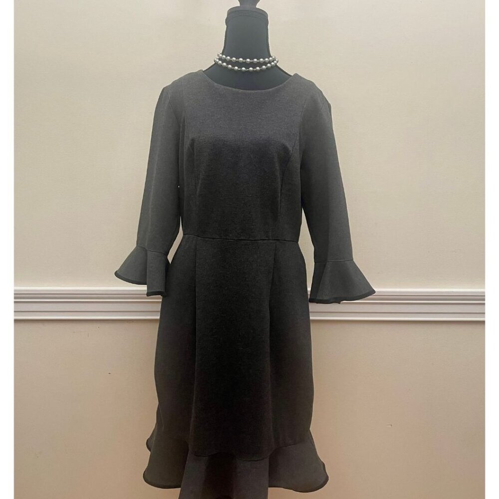Nanette Grey Dress with Flair Sleeves and Hem - Trimmed in Black - Size 10